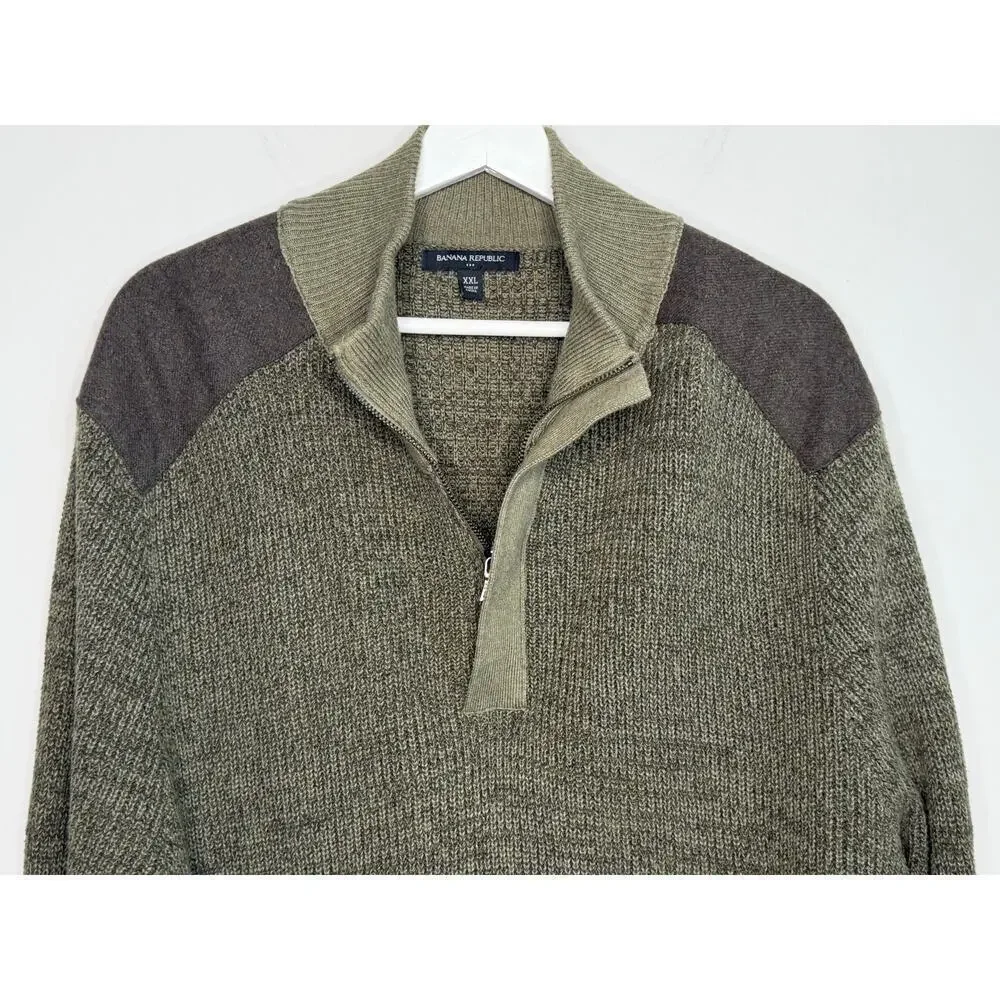 Banana Republic 1/4 Zip Knit Sweater with Shoulder Patches Olive Green Men's XXL